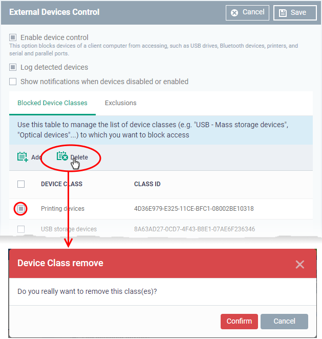 External Devices Control Settings, Manage Device, Security Manager